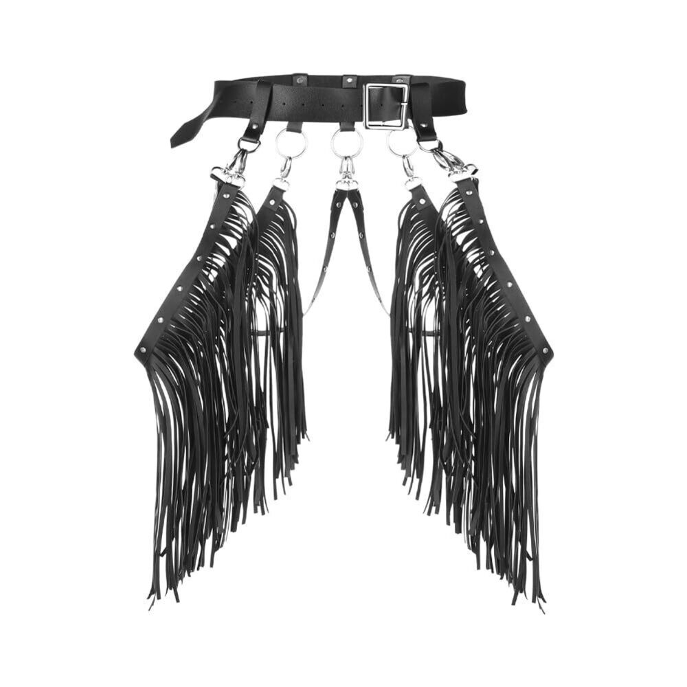 2298 Women Leather Tassel Waist Belt Gothic Fringe Long Punk - Picture 4 of 8